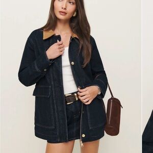 Reformation Black Denim Jacket with Tan Collar